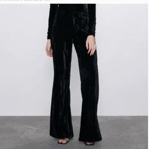 Zara Black 70's Crushed Velvet High Rise Wide Leg Pants Trousers Size Small EUC